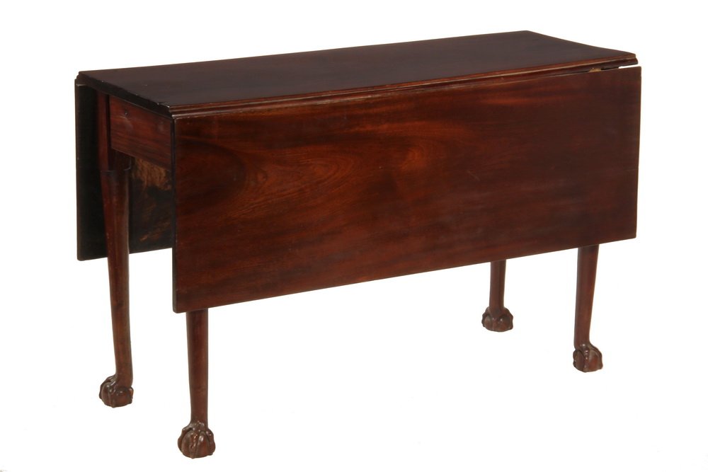 CHIPPENDALE DROP LEAF TABLE - Period Mahogany Table: CHIPPENDALE DROP LEAF TABLE - Period Mahogany Table with single plank top & leaves, straight skirt, wood peg construction, block to round straight tapered legs with carved ball & claw feet. 15 1/2" le