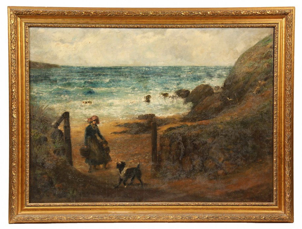 M. BENNETT; Mother and Daughter with Dog at Beach Gate,: M. BENNETT; Mother and Daughter with Dog at Beach Gate, circa 1880, signed lower right. In later gold leaf carved frame. OS: 35" x 45". SS: 28 1/2" x 39 1/2". Cleaned, relined, repaired tear center ri