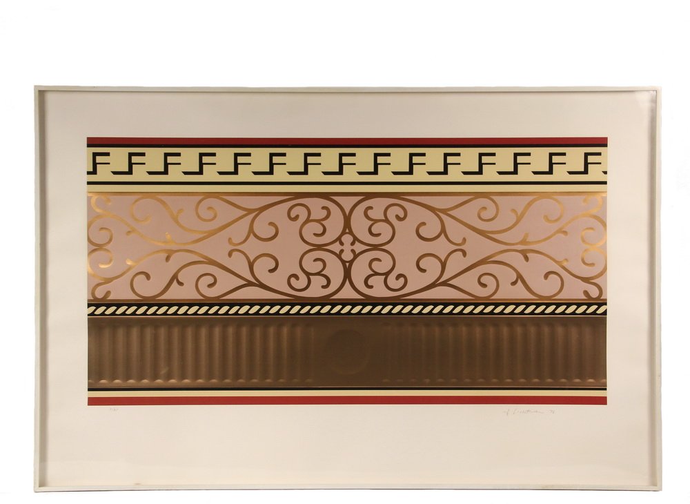 ROY LICHTENSTEIN (NY, 1923-1997); "Entablature II",: ROY LICHTENSTEIN (NY, 1923-1997); "Entablature II", 1976, limited edition 3/30, serigraph and lithograph with gloss copper and mat pink foil, with embossing, pencil signed and dated lower right. In wh