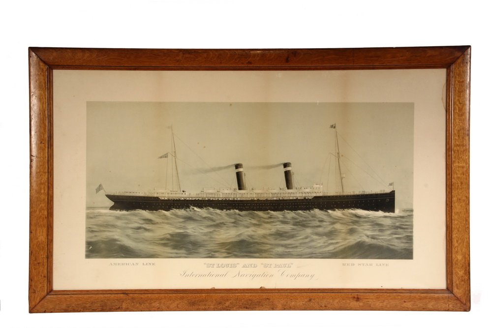 FRAMED STEAMSHIP PRINT - Chromolithograph for use in: FRAMED STEAMSHIP PRINT - Chromolithograph for use in Shipping Offices, circa 1905-1915: "International Navigation Company" representing the American Line 'St. Louis' & the Red Star Line 'St. Paul' alt