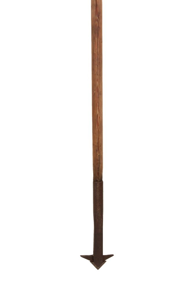 WHALING HARPOON - 19th c. Iron Harpoon with sprung: WHALING HARPOON - 19th c. Iron Harpoon with sprung barbs, original pine shaft is intact. 14 3/4" long head, 97 1/2" long overall. Good condition.