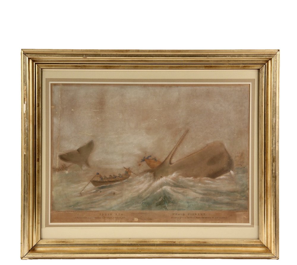WHALING PRINT WITH PASTEL - "South Sea Whale Fishery": WHALING PRINT WITH PASTEL - "South Sea Whale Fishery" after William John Huggins (British, 1781-1845), engraved by E. Duncan. Dated 1834. Captioned "A representation of the boats attacking a Sperm Wha