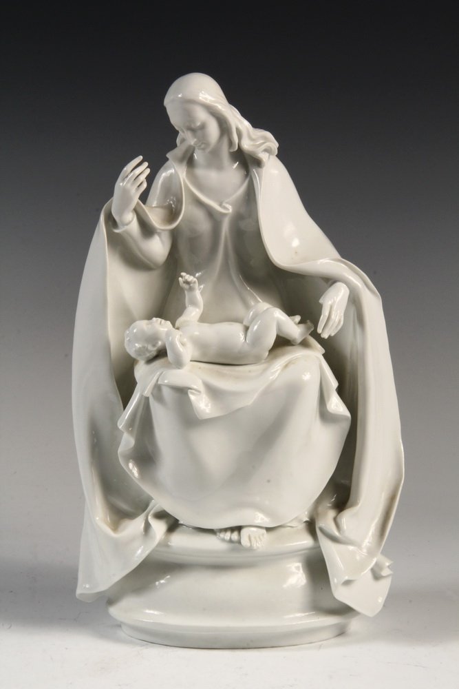 GERMAN PORCELAIN RELIGIOUS FIGURE - Meissen Blanc de: GERMAN PORCELAIN RELIGIOUS FIGURE - Meissen Blanc de Chine Style Madonna and Child, on integral plinth, circa 1930s, with blue crossed swords over the incised letter 'F', inscribed marks 'A1235' & '11
