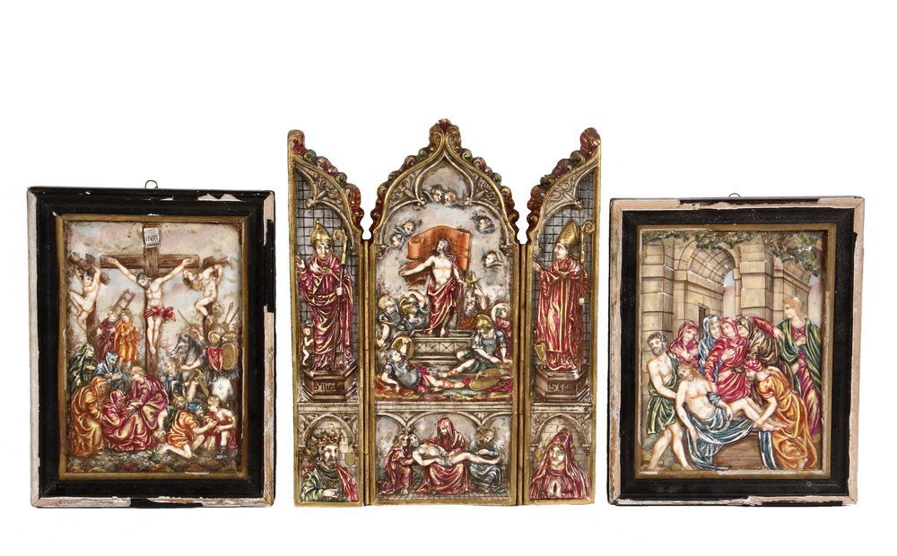 (3) CAPODIMONTE PLAQUES - 19th c. Italian Ceramic: (3) CAPODIMONTE PLAQUES - 19th c. Italian Ceramic Religious Bas Relief, including a pair of stations: The Crucifixion and the Lamentation, both with the underglaze blue crowned N, in remnants of black