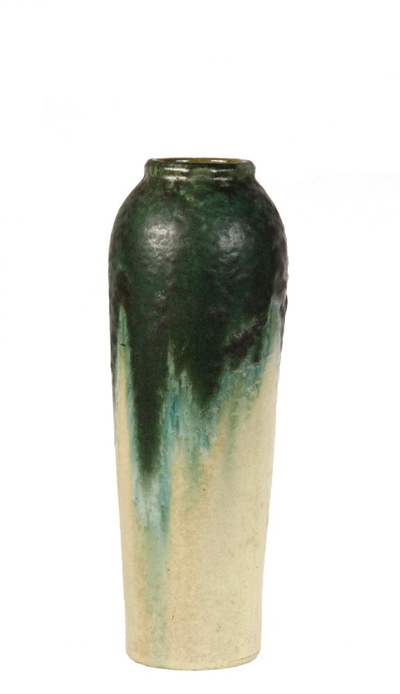 ART POTTERY VASE - Fulper Long Stem Vase in moss green: ART POTTERY VASE - Fulper Long Stem Vase in moss green and butter yellow flambe glaze, with raised mark on the underside. 16" tall. Small chips to the interior of the underside foot.