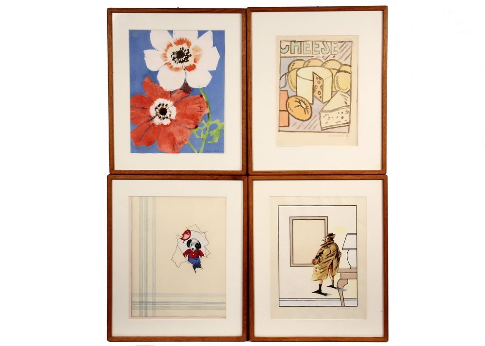 JOE BRAINARD (NY/VT, 1942-1994); Four: JOE BRAINARD (NY/VT, 1942-1994); Four Watercolor/Gouache on paper, including: "Poppies, 1977", "Cheese, 1975", Puppy Party, 1972" & "Exposure, 1972". All pencil signed and dated, in matching mahogany 