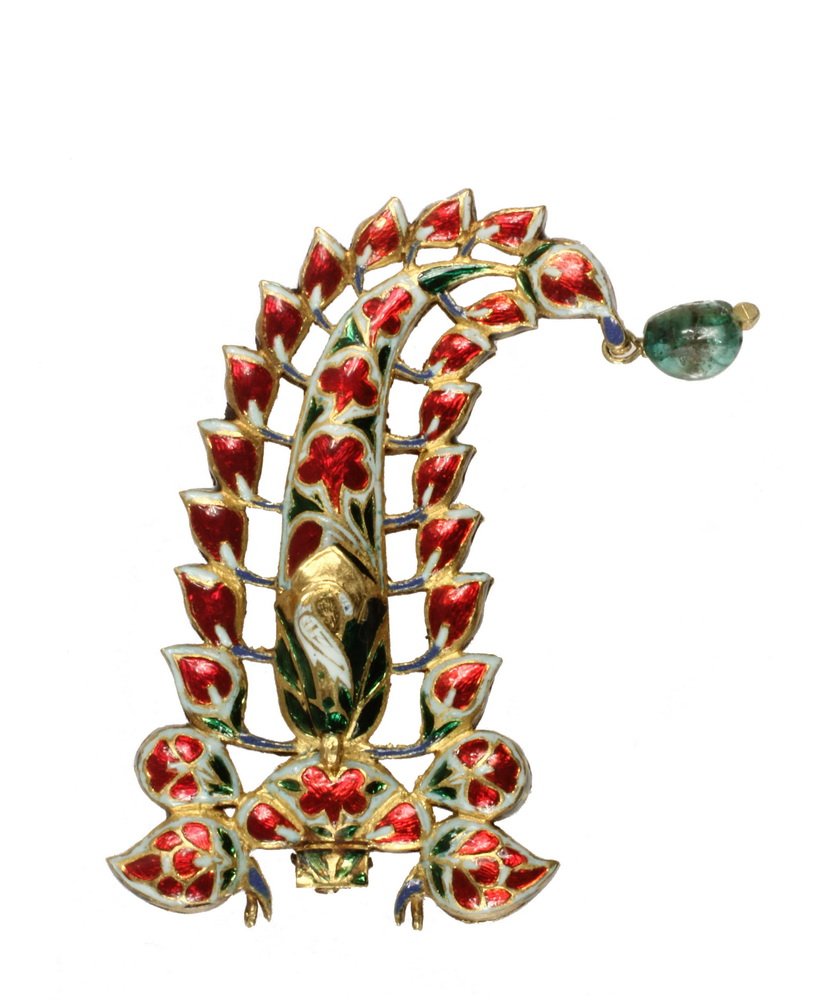 HEADDRESS ORNAMENT - Gold and Jaipur Enamelled Indian: HEADDRESS ORNAMENT - Gold and Jaipur Enamelled Indian Mughal Headdress Centerpiece set with cut diamonds and cabochon emeralds. 2 3/8" x 1 3/8"; 19.1 dwt tw.