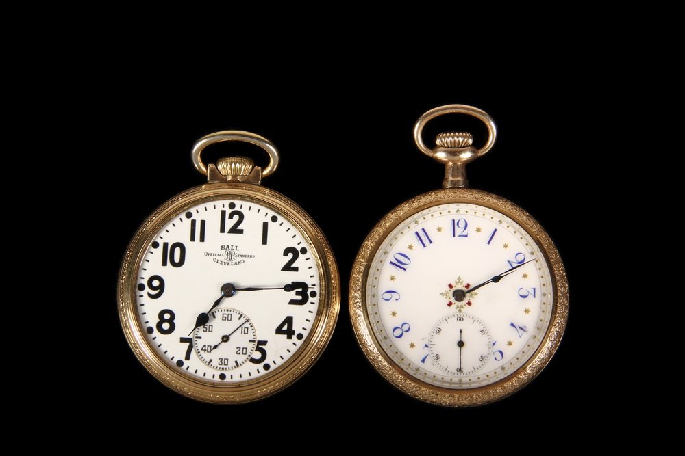 (2) POCKET WATCHES - Lot of (2) Gold Filled Pocket: (2) POCKET WATCHES - Lot of (2) Gold Filled Pocket Watches, including Ball and Elgin National Ball open face watch marked 'Ball Official RR Standard Cleveland', white porcelain dial with heavy black A