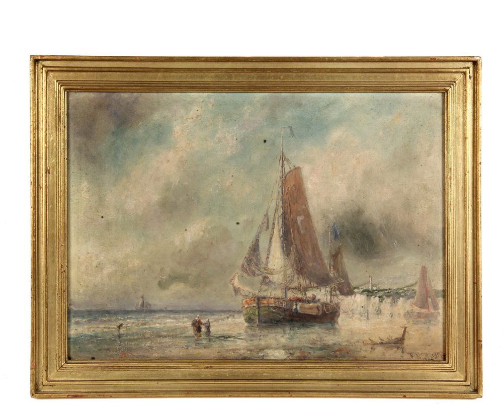 FREDERICK LEO HUNTER (NY, 1858-1943) - Beached Dover: FREDERICK LEO HUNTER (NY, 1858-1943) - Beached Dover Trawlers, oil on canvas, signed lower right "F. Leo Hunter, 1932", in gold banded panel frame, OS: 12 1/4" x 16 1/4", SS: 9 3/4" x 13 3/4", scatter