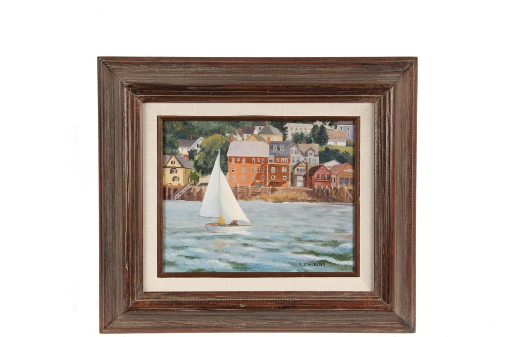 LUCY JANE WEBSTER (Contemporary Maine) - "Castine", oil: LUCY JANE WEBSTER (Contemporary Maine) - "Castine", oil on canvas, signed lower right "L.J. Webster", titled verso. In walnut frame with linen liner, OS: 14" x 16", SS: 7 1/2" x 9 1/2". Fine condition