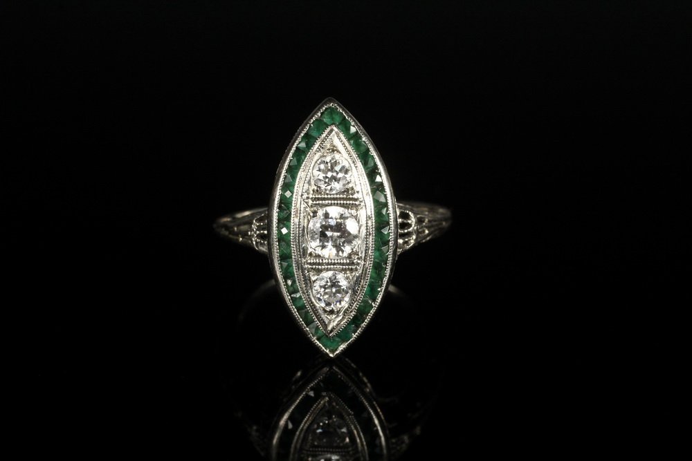 LADY'S RING - Edwardian 18K White Gold, Diamond and: LADY'S RING - Edwardian 18K White Gold, Diamond and Emerald Ring. Size 4 1/2; 2.3 dwt tw.