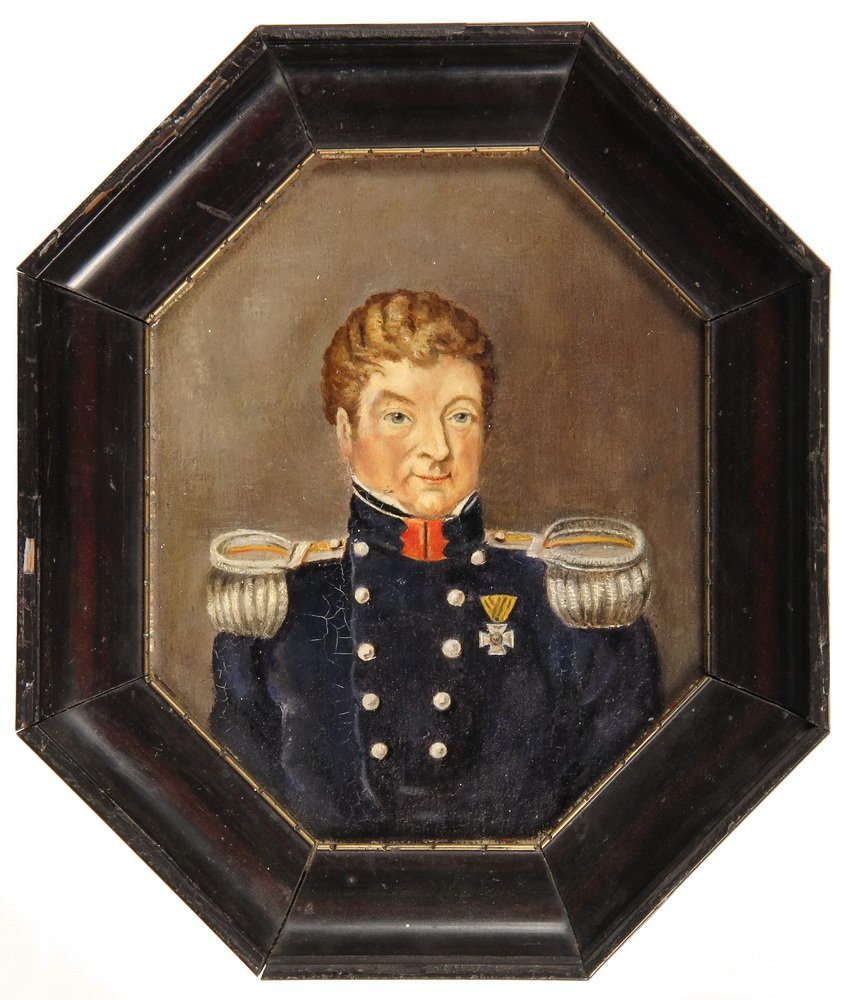 ARTIST UNKNOWN - Portrait of Dutch National Militia: ARTIST UNKNOWN - Portrait of Dutch National Militia Officer Mathias Johan Frederik van Tets (1773-1832), identified verso, with provenance in Dutch, unsigned, in black cove octagonal frame. OS: 9 1/4"