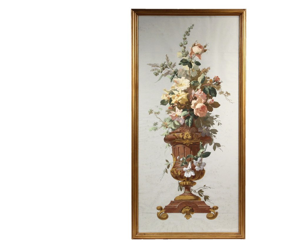 FRAMED VINTAGE WALLPAPER PANEL - French Belle Epoch: FRAMED VINTAGE WALLPAPER PANEL - French Belle Epoch Block Printed Polychrome Wallpaper Panel of a garden urn overflowing with a bounty of mixed flowers, on a pale grey-blue field, in modern gold molde