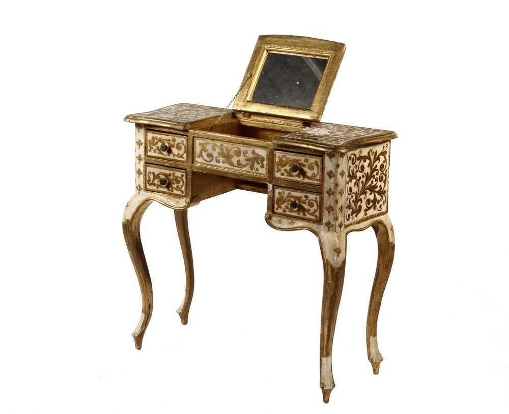 ITALIAN DRESSING TABLE - Mid-20th c. 'Florentine Wood': ITALIAN DRESSING TABLE - Mid-20th c. 'Florentine Wood' Lady's Dressing Table in typical gold and cream decoration, with scraffito surface, shaped molded top with hinged center revealing make-up well a