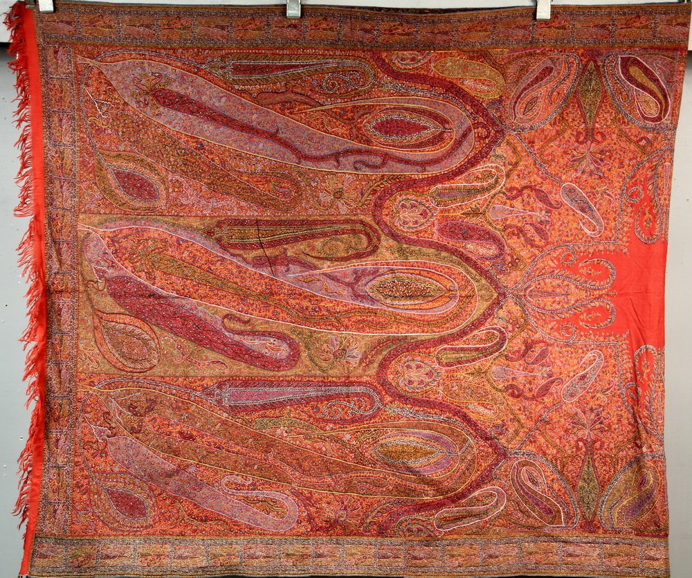PAISLEY TABLECLOTH - 54" x 126" (excluding fringe) -: PAISLEY TABLECLOTH - 54" x 126" (excluding fringe) - Late 19th c. Anglo-Indian Machine-Made Cotton Tablecloth on crimson ground, made up from stitched together sections. Fine condition. Additional pho