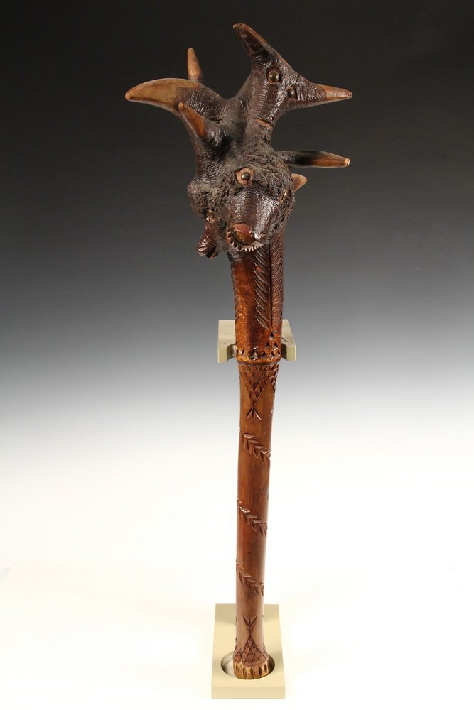 PENOBSCOT WAR CLUB - 19th c Maine Native Carved Figural: PENOBSCOT WAR CLUB - 19th c Maine Native Carved Figural Birch Root Club, featuring three spirit heads with brass tack eyes, between spikes, in nearly full round, with reference to a bull, a wolf and a