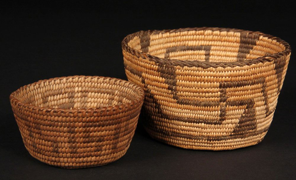 (2) MINIATURE PIMA BASKETS - Both early 20th c, in coil: (2) MINIATURE PIMA BASKETS - Both early 20th c, in coil built willow and martynia, including: a conical bowl with 'Greek Key', roughly 1 3/4" x 3 5/8" diam; PLUS a tapered bowl with bent cross decorat