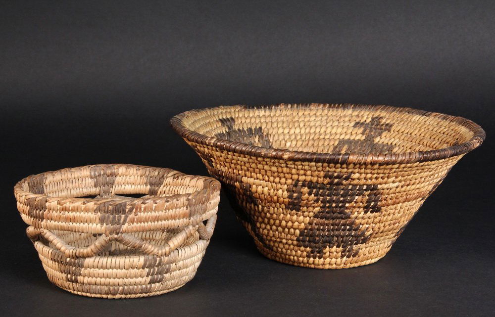 (2) PIMA BASKETS - Both early 20th c, in coil built: (2) PIMA BASKETS - Both early 20th c, in coil built willow and martynia, including: a conical bowl with five human figures, roughly 3 3/4" x 8" diam, minor rim loss; PLUS a small open sided bowl with