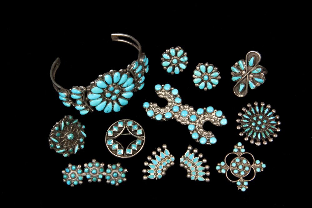 ZUNI JEWELRY - Collection of (10) pieces of Silver and: ZUNI JEWELRY - Collection of (10) pieces of Silver and Turquoise Zuni Native American Jewelry, incl (5) brooches, (2) rings, (2) pr. Earrings, and a cuff bracelet. Including: Needlepoint motif cuff br