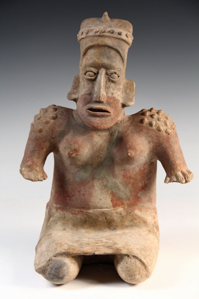 PRE-COLUMBIAN POTTERY - Jalisco Pottery Kneeling: PRE-COLUMBIAN POTTERY - Jalisco Pottery Kneeling Female, Protoclassic Period, circa 100 B.C. - 250 A.D. West Mexico, Ameca style. 17" tall. Professionally reassembled.