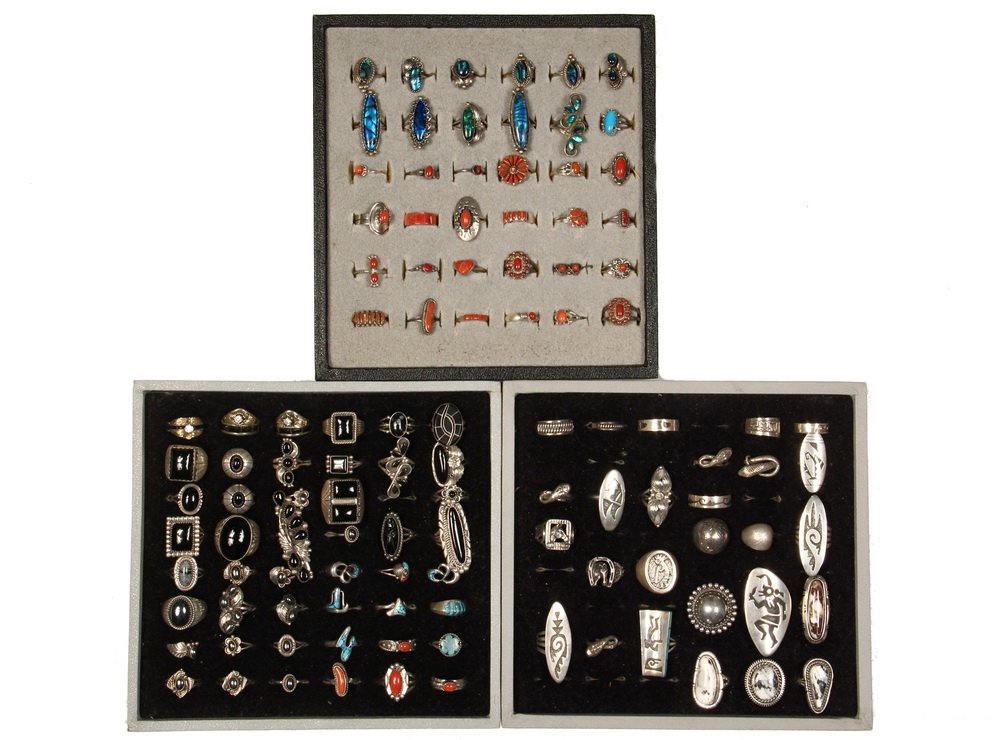 RINGS - Collection of (110) Native American Crafted: RINGS - Collection of (110) Native American Crafted Rings, many artisan signed, (22) are silver only, all others set with stones. Lot includes rings set with turquoise, onyx, red coral, hematite, abal