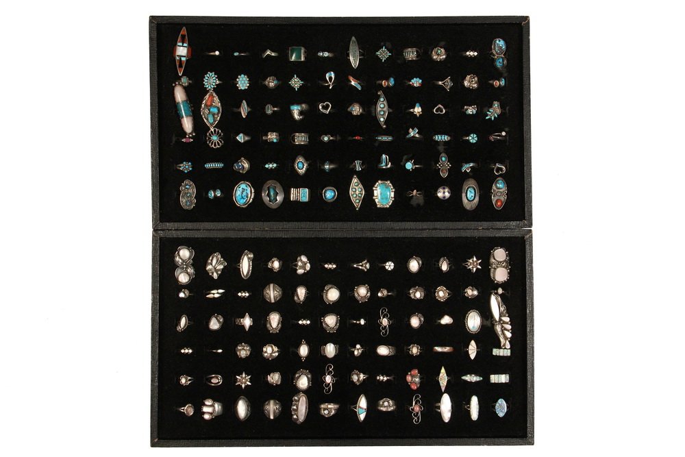 RINGS - Collection of (145) Native American Crafted: RINGS - Collection of (145) Native American Crafted Silver Rings, all set with stones, some are artisan signed. Includes rings set with turquoise, mother-of-pearl, abalone, red coral, opal, malachite,