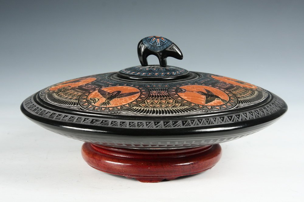 NATIVE AMERICAN ART POTTERY - Ceramic Rainbow Colored: NATIVE AMERICAN ART POTTERY - Ceramic Rainbow Colored Kiva Jar with Hummingbird Pattern by Marvin Blackmore of Dolores, Colorado, with needle etched decoration through multiple colored clay slips, ful