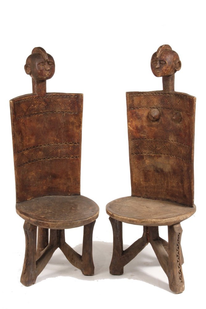 PAIR AFRICAN STOOLS - Carved Wood High Back Stools in: PAIR AFRICAN STOOLS - Carved Wood High Back Stools in Male and Female Anthropomorphic Form, Zoromo Peoples, Tanzania. Specially carved for chiefs and are referred to as thrones, used during judicial a