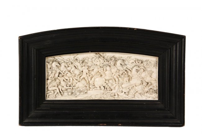 IVORY PLAQUE - 18th c or earlier Ivory Carved Bas: IVORY PLAQUE - 18th c or earlier Ivory Carved Bas Relief of "The Battle of Milvian Bridge", after the Raphael fresco in the Vatican Palace depicting the victory of the Roman Christian Emperor Constant