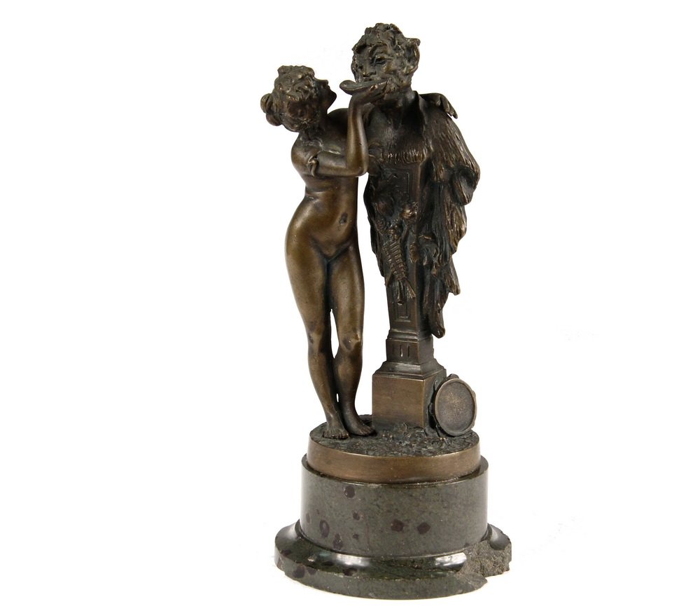 BRONZE TABLE STATUE - Aphrodite Offering Drink to: BRONZE TABLE STATUE - Aphrodite Offering Drink to Statue of Pan, unsigned, probably French, late 19th c., on the original green marble socle. 6 1/8" tall overall. Chips to marble.