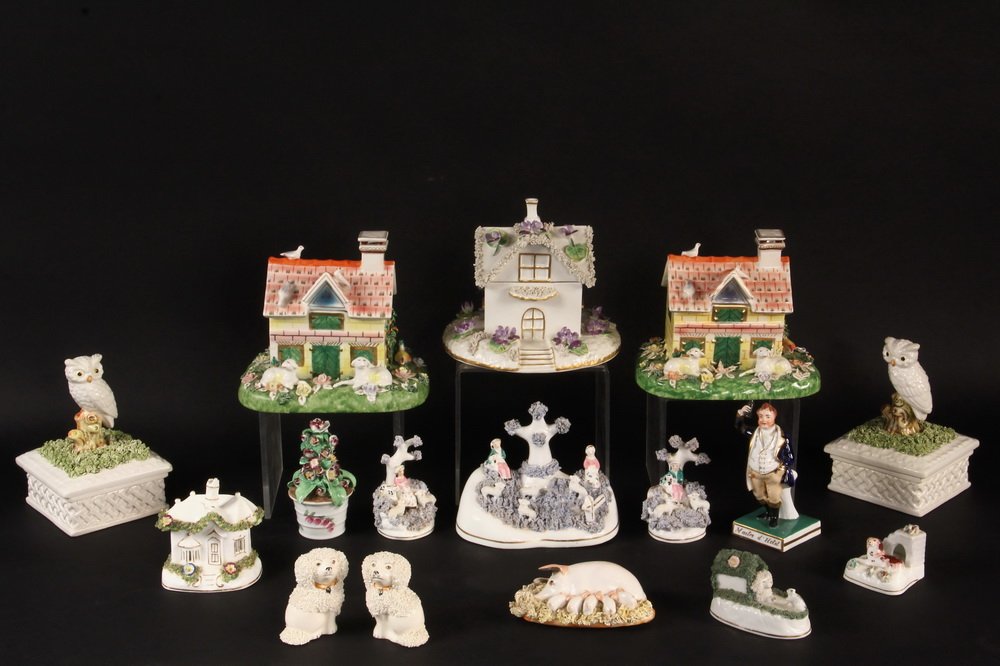 DECORATIVE PORCELAIN - (16) Piece Collection of: DECORATIVE PORCELAIN - (16) Piece Collection of Porcelain Figurines and Boxes, including Italian and English made pieces. Includes: (3) Mottahedeh Design Porcelain Cottage Form Lidded Boxes, (2) with 