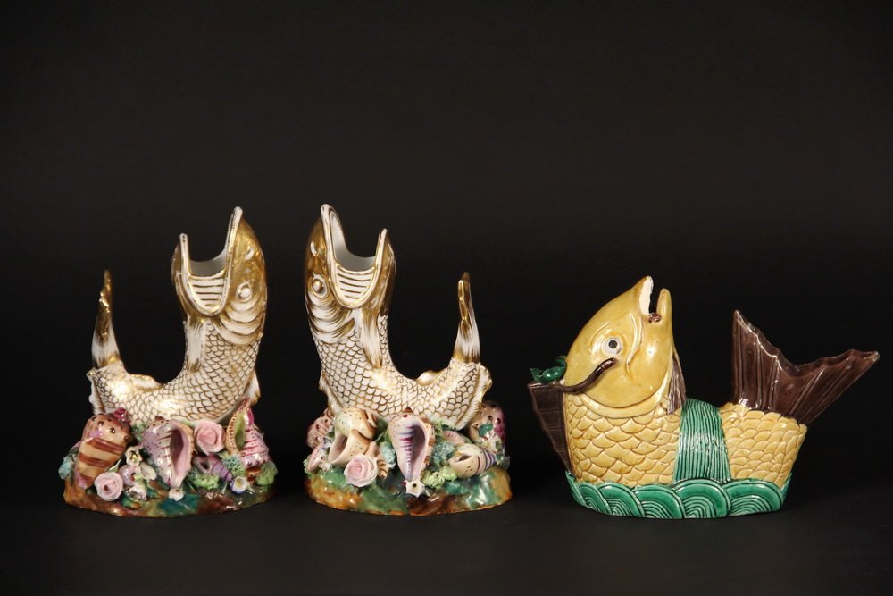 FISH VASES & MAJOLICA - Pair of Mid-19th c. French: FISH VASES & MAJOLICA - Pair of Mid-19th c. French Porcelain Vases Depicting Fish by Jacob Petit, bases decorated with an array seashells and flowers PLUS an Early Chinese Majolica Fish Figurine. Each