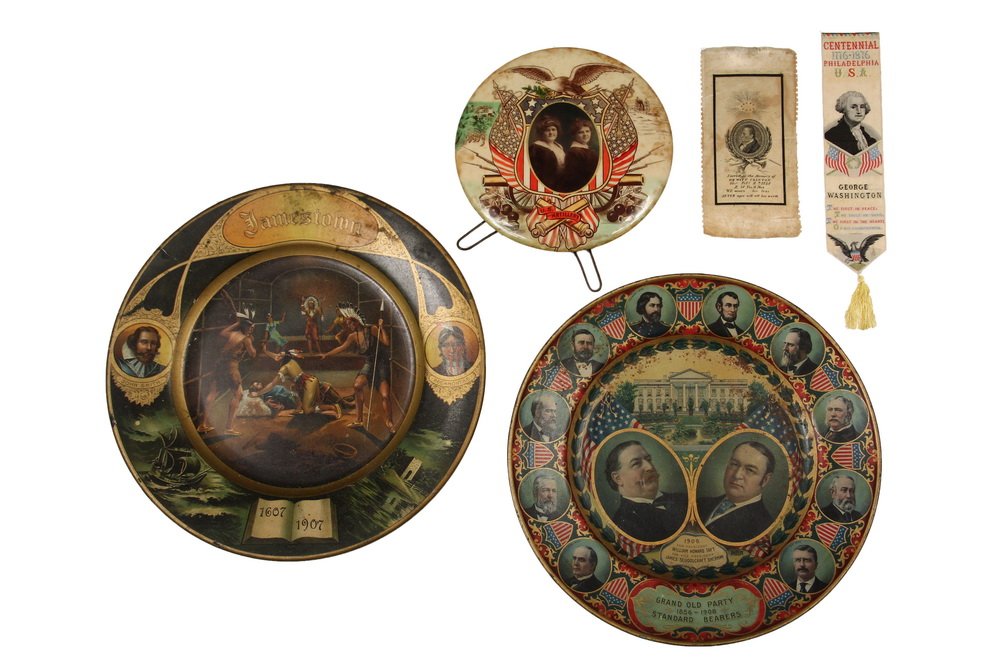 (5 PC) POLITICAL COLLECTIBLES - Including: 1828 DeWitt: (5 PC) POLITICAL COLLECTIBLES - Including: 1828 DeWitt Clinton Commemorative Ribbon, black ink on white silk, 2 1/2" x 5 1/2", soiled; PLUS 1876 Centennial Stevenograph Woven Silk Ribbon depicting Geo