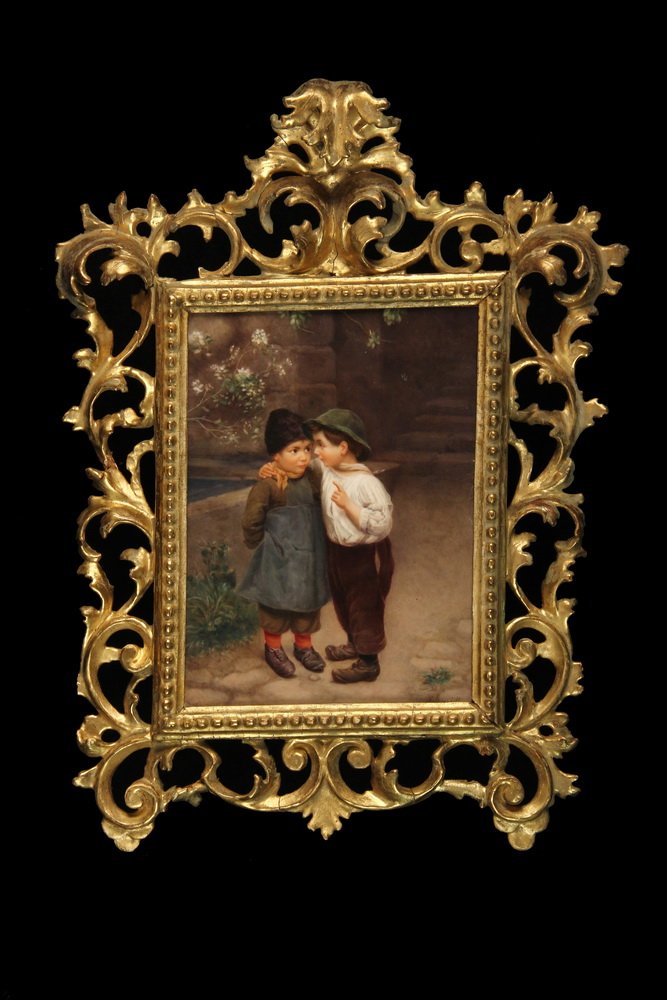 THEODOR GUSTAV ERNST SCHMIDT (Germany, 1855-1937);: THEODOR GUSTAV ERNST SCHMIDT (Germany, 1855-1937); Genre Scene of Young Love, a framed Berlin KPM Plaque, signed lower left "Schmidt", circa 1890, stamped twice verso with KPM mark and numbers '237' &