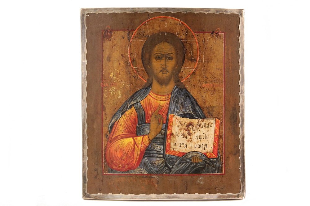 RUSSIAN ICON - Christ Presenting Scripture, 19th c.,: RUSSIAN ICON - Christ Presenting Scripture, 19th c., with narrow silver frame having St.Petersburg hallmark, 1907-1926 silversmith Mikail Grachev , 14" x 12", crazing in the fleshtones.