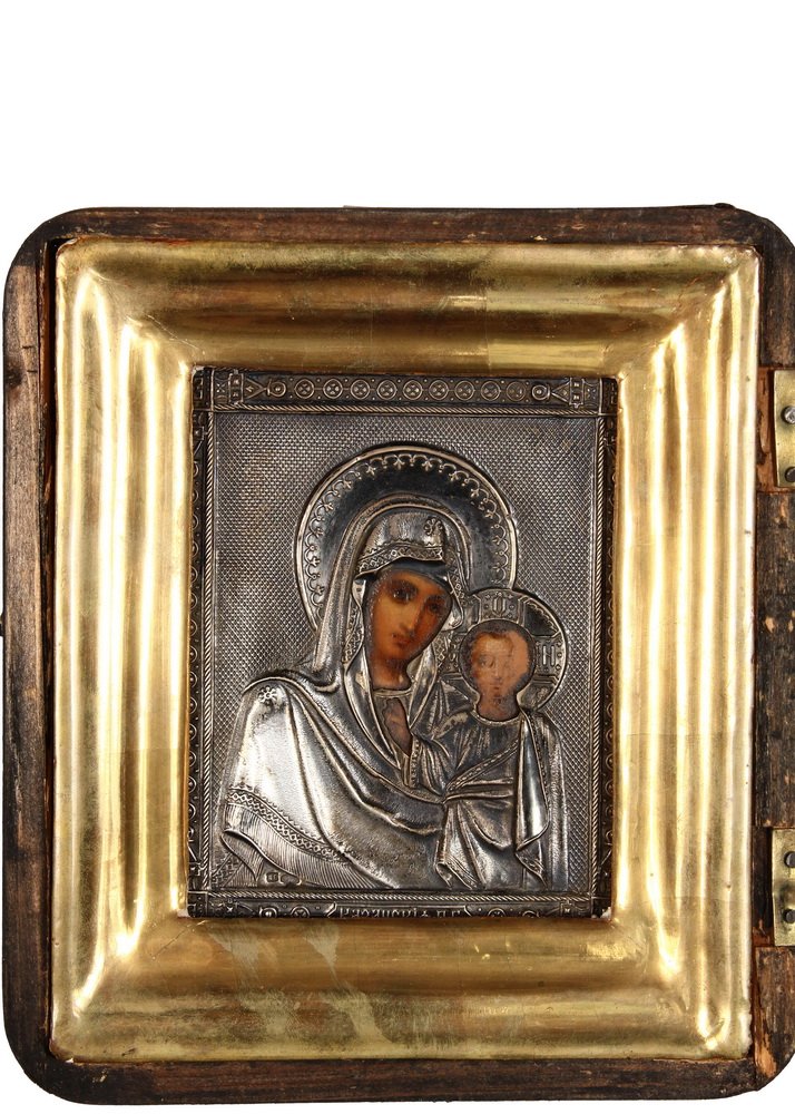 RUSSIAN ICON - Madonna and Child in silver oklad with: RUSSIAN ICON - Madonna and Child in silver oklad with unknown maker's mark, 84 zlotny, set into gilt frame with fitted mahogany case, under glass, with Richard W. Oliver label verso. 4 3/4" x 3 3/4" i