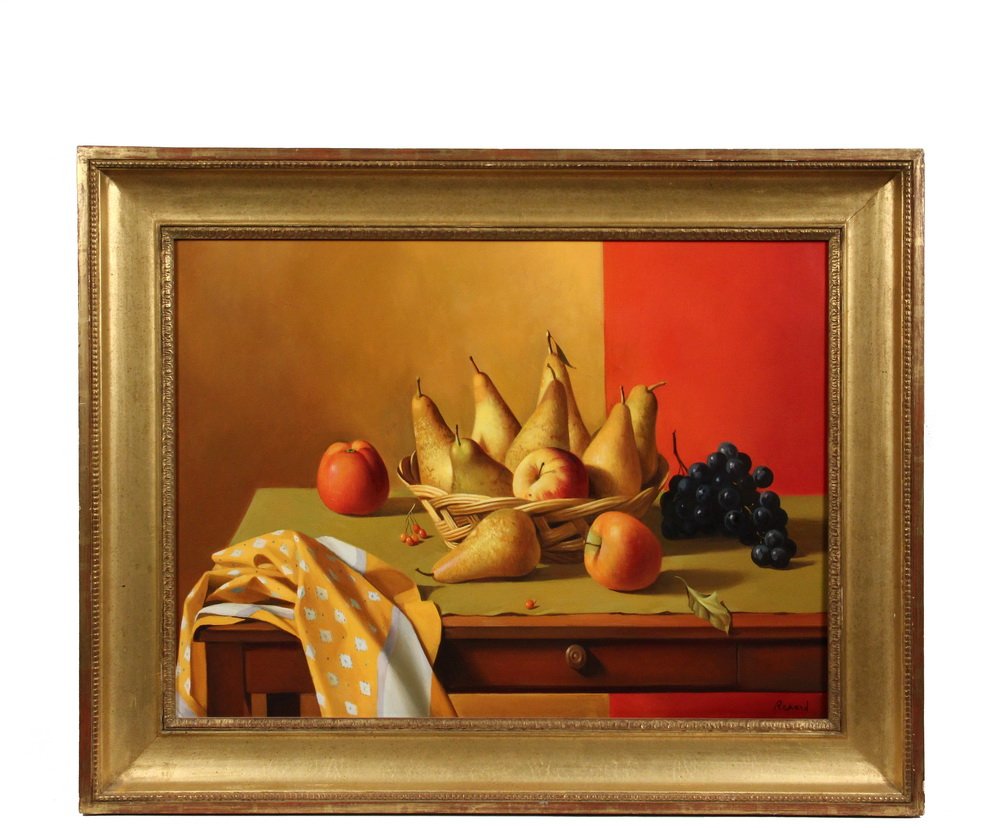 FERNAND RENARD (FRENCH, 1912 - ?) - "Pears on a: FERNAND RENARD (FRENCH, 1912 - ?) - "Pears on a Tabletop", oil on canvas, signed lower right "Renard", in gilt cove frame, OS: 27 1/2" x 35", SS: 20" x 27 1/2", several small flaws in the background.
