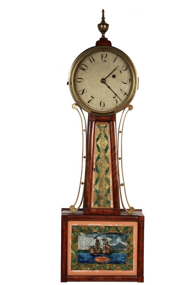 BANJO CLOCK - 19th c. Clock with mahogany case, brass: BANJO CLOCK - 19th c. Clock with mahogany case, brass finial, bezel and brackets, weight driven time only works with painted metal dial, replaced tablets featuring the 1812 battle of the Enterprise vs