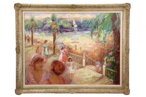 ELYANE ADDARI (France, 1936 - ) - "La Promenade",: ELYANE ADDARI (France, 1936 - ) - "La Promenade", signed lower right "E. Addari", titled and dated 1984 on receipt verso, oil on canvas depicting a beachfront boardwalk. In Impressionist gesso frame w