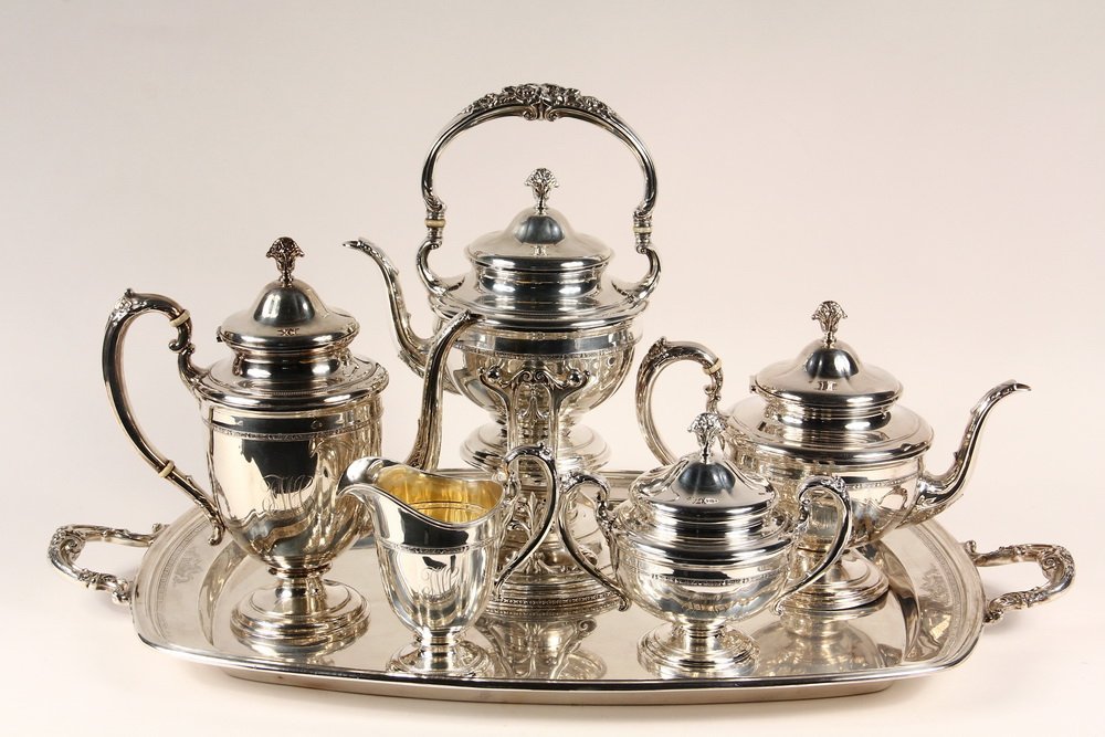 TEA & COFFEE SERVICE - (6) Pc Tea & Coffee Service by: TEA & COFFEE SERVICE - (6) Pc Tea & Coffee Service by Towle Silversmiths in the Lady Constance Pattern. Including: Rectangular tray, 27 1/4" x 15 1/2"; Hot water kettle on stand with original sterling