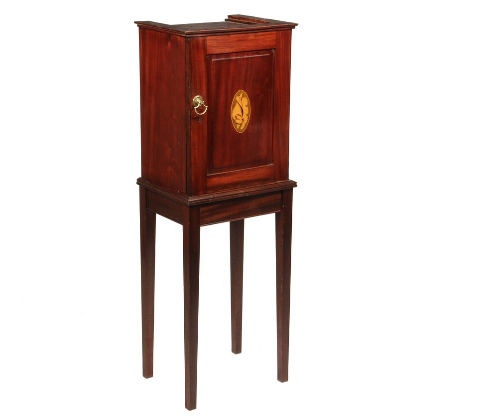 EDWARDIAN POT CUPBOARD ON STAND - Walnut Cabinet with: EDWARDIAN POT CUPBOARD ON STAND - Walnut Cabinet with molded top, single full front panel door with inlaid oval shell cartouche, brass pull, key lock, molded base, pale green painted two shelf interio