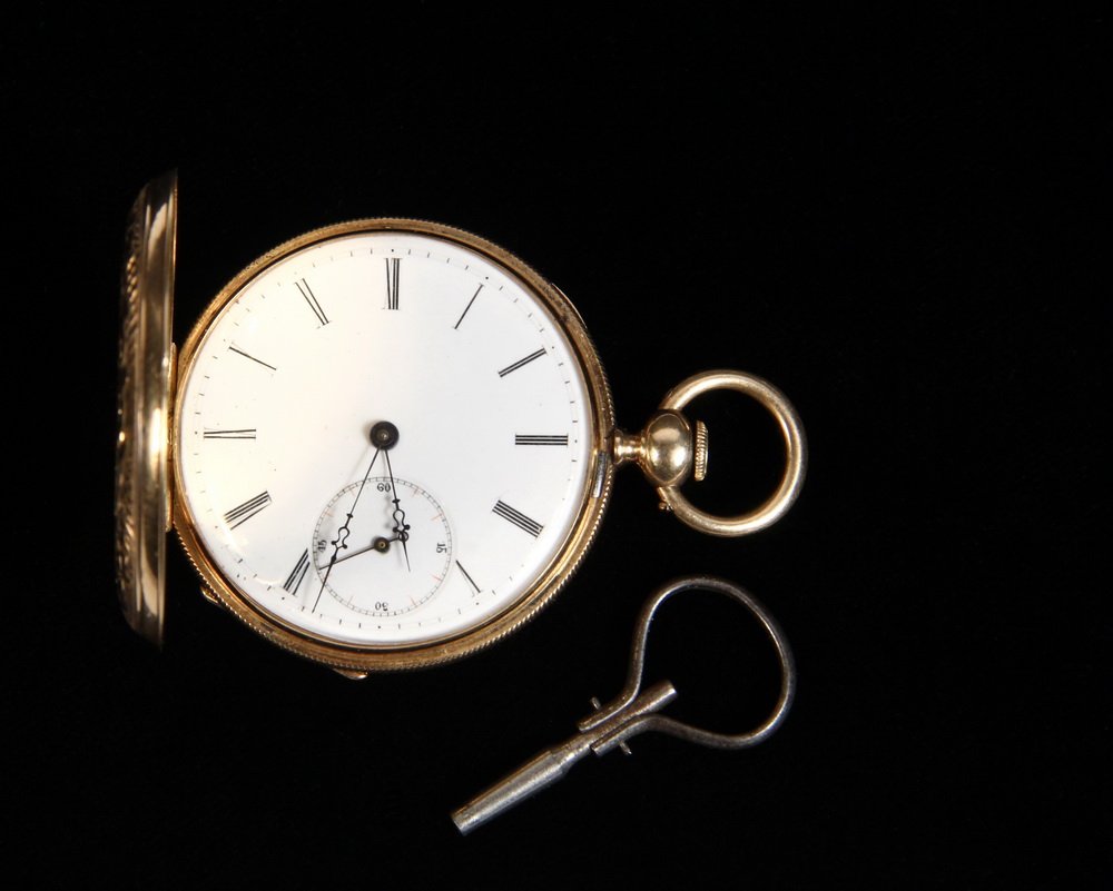 LADY'S POCKET WATCH - Fancy Engraved 18K Gold Hunter: LADY'S POCKET WATCH - Fancy Engraved 18K Gold Hunter Case Pocket Watch by James E. Bonnet, Neuchattel, #8896, key wind, key set, detached lever movement. In original wooden fitted box with original ke