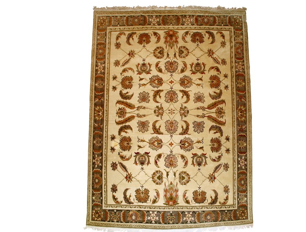 NEPALESE CARPET - 7'10" x 9'11" - Fine Quality Wool Rug: NEPALESE CARPET - 7'10" x 9'11" - Fine Quality Wool Rug with ribbon label from 'Snowland Art Carpet, Intl', handmade in Nepal, having a camel field, slate grey border, vine, leaf and blossom design wi