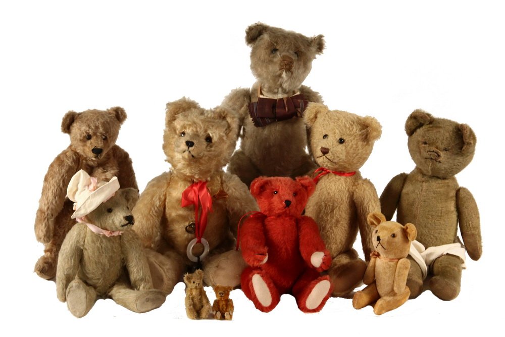 (10) VINTAGE MOHAIR TEDDY BEARS - Including: Circa 1920: (10) VINTAGE MOHAIR TEDDY BEARS - Including: Circa 1920 "Yes-No" Bear, 16", with sterling baby rattle; PLUS Jointed Roosevelt Bear in bow tie, white fur, 16" tall, well worn; PLUS Jointed Bear in shor