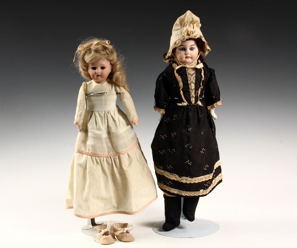 (2) GERMAN ANTIQUE BISQUE DOLLS - Including: 16" Early: (2) GERMAN ANTIQUE BISQUE DOLLS - Including: 16" Early Armand Marseille, with inverted horseshoe mark, kid body, ice blue eyes, original dark hair, open/closed mouth with upper & lower teeth, in black