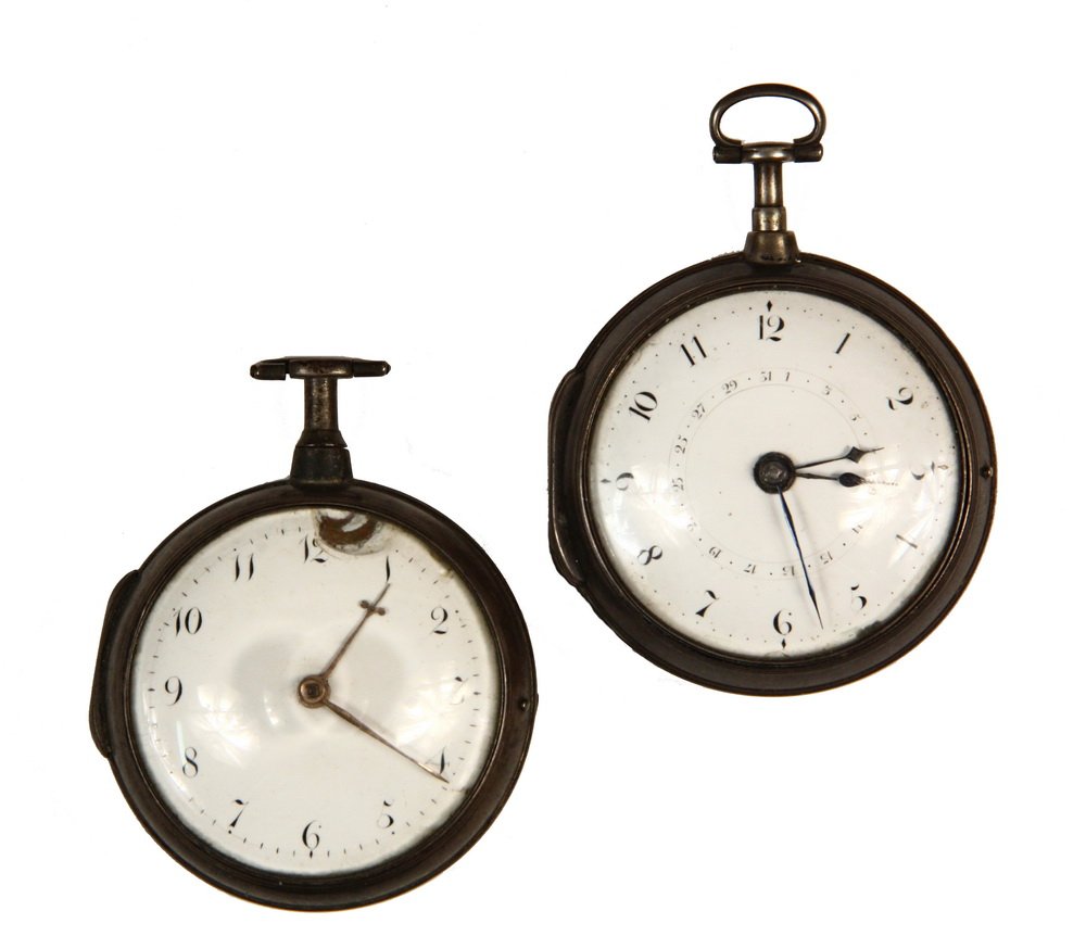 POCKET WATCHES - Lot of (2) Silver Cased Early English: POCKET WATCHES - Lot of (2) Silver Cased Early English Fusee Pocket Watches with Silver Travel Cases. Includes: Pocket watch by Jackson, Liverpool, #726, movement appears to be intact, large chip in p