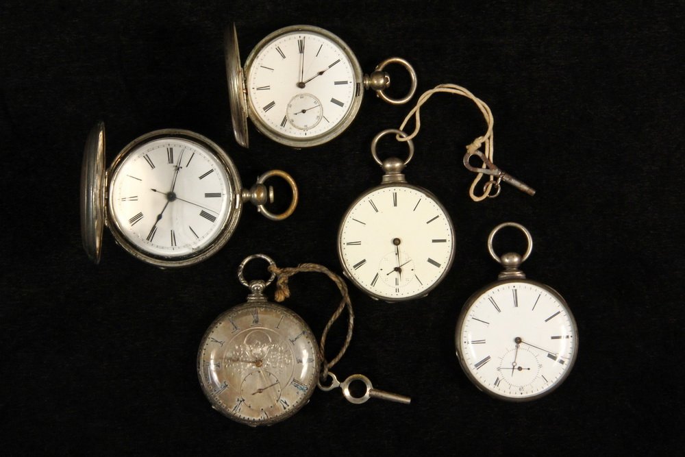 POCKET WATCHES - Group of (5) Sterling Cased Pocket: POCKET WATCHES - Group of (5) Sterling Cased Pocket Watches, (2) hunter case and (3) open face. Including: Hunter case pocket watch with full sweep hand and key wind key set with intricate two tone re