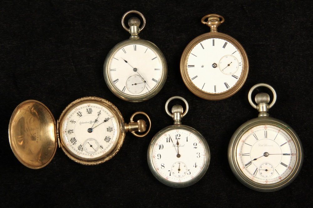 POCKET WATCHES - Lot of (5) Assorted American Maker: POCKET WATCHES - Lot of (5) Assorted American Maker Pocket Watches, in gold filled and silveroid cases. Including: Fancy engraved hunter case by Columbus Watch Company, #190852, wear to case, not runn