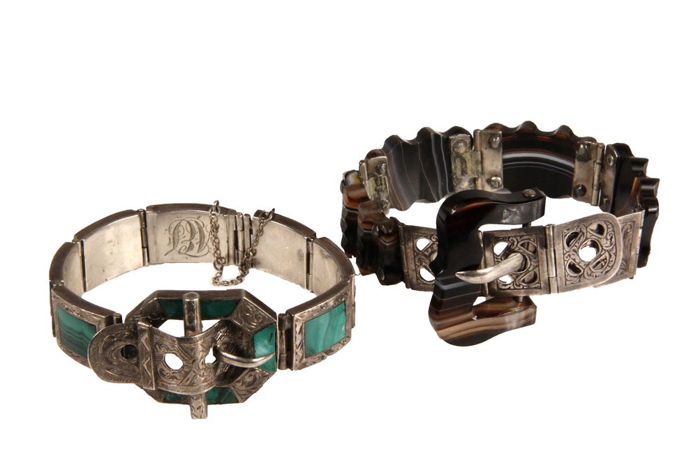 (2) BRACELETS - Group of (2) Vintage Silver Belt Form: (2) BRACELETS - Group of (2) Vintage Silver Belt Form Link Bracelets, one with (4) carved agate links and the other with inlaid turquoise. Agate and reticulated silver link bracelet opens using the fr