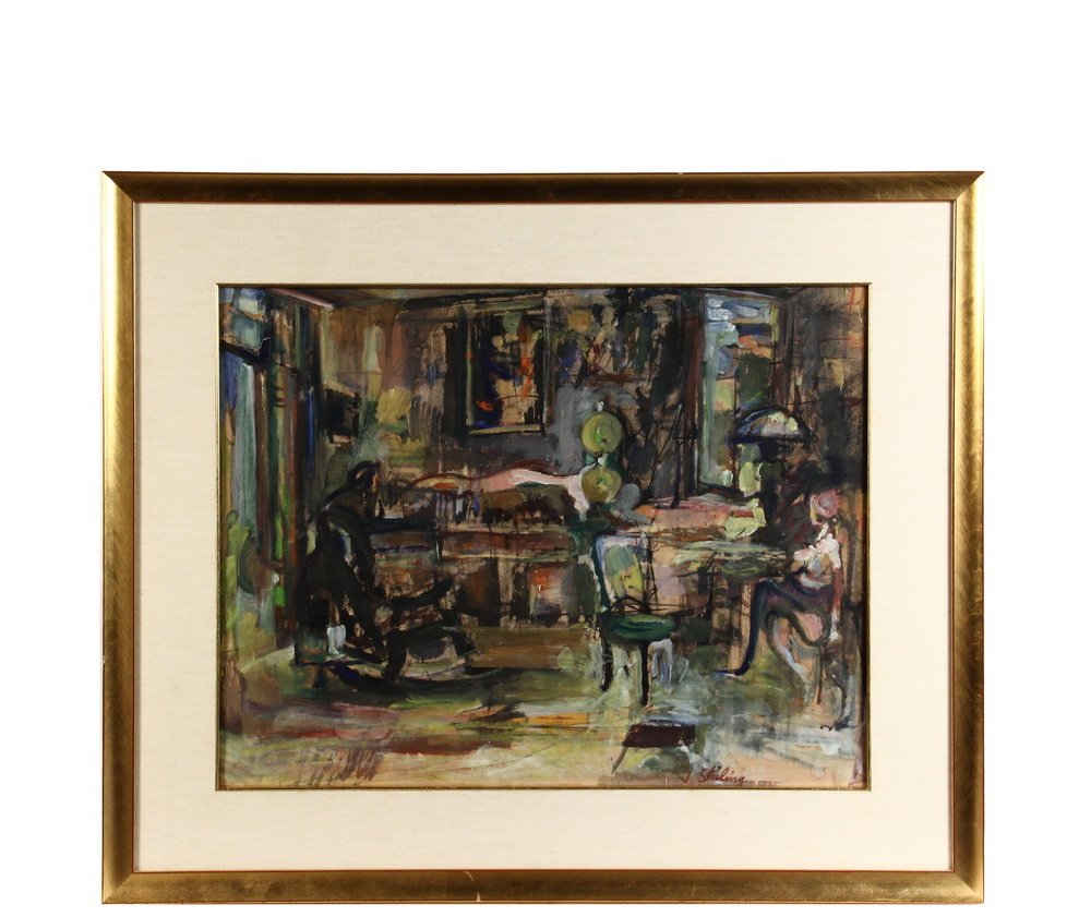 JAMES ELIAS STERLING (NY, 1908 - ?) - Artist and Model: JAMES ELIAS STERLING (NY, 1908 - ?) - Artist and Model in Studio, oil and oil pastels on paper, signed lower right "J. Sterling", in gold cove frame, linen mat, glazed. OS: 26 1/2" x 31 3/4", SS: 18 1